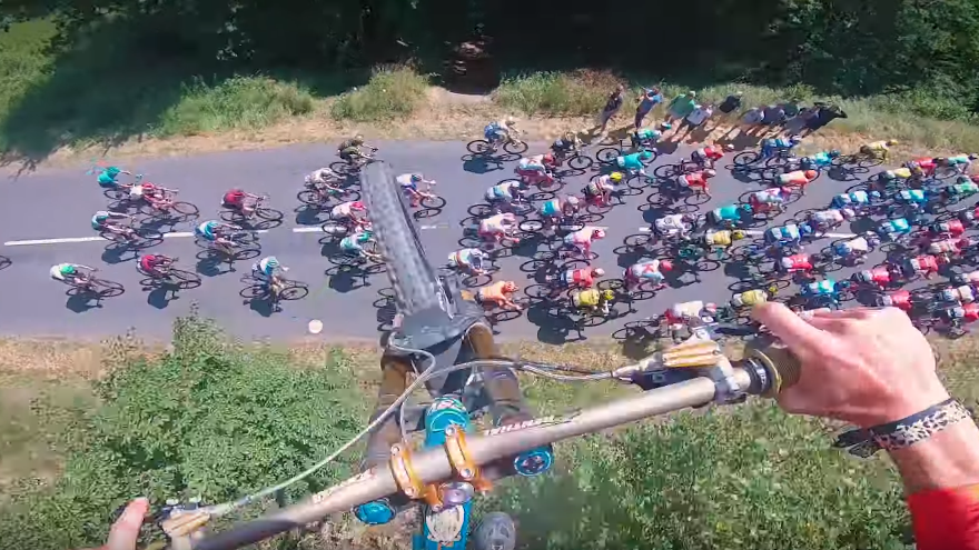 Mountain Bikers are jumping over riders on the Tour de France