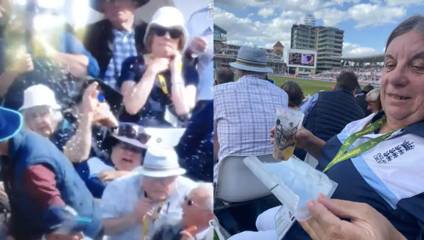Daryl Mitchell hits a six directly into English spectator's pint at Trent Bridge